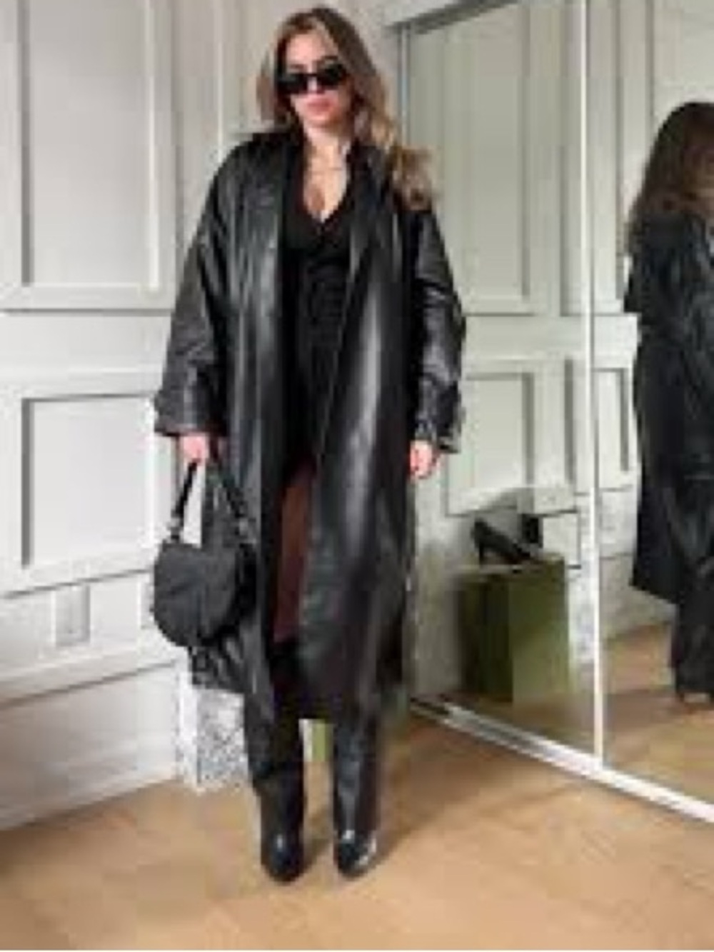 Zara Black real Leather Longline Trench Coat